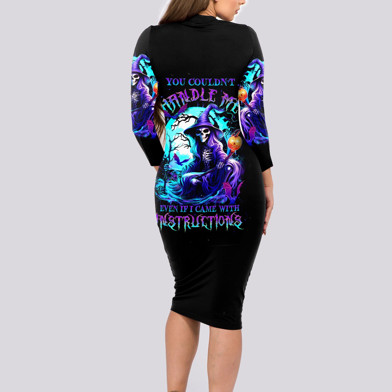 Witch Skull Long Sleeve Bodycon Dress You Couldn't Handle Me Even With Intrustions - Wonder Print Shop