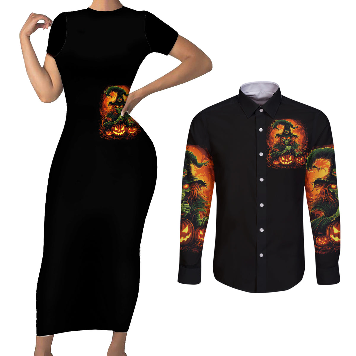 Witch Skull Couples Matching Short Sleeve Bodycon Dress and Long Sleeve Button Shirts Zero Fucking Given - Wonder Print Shop