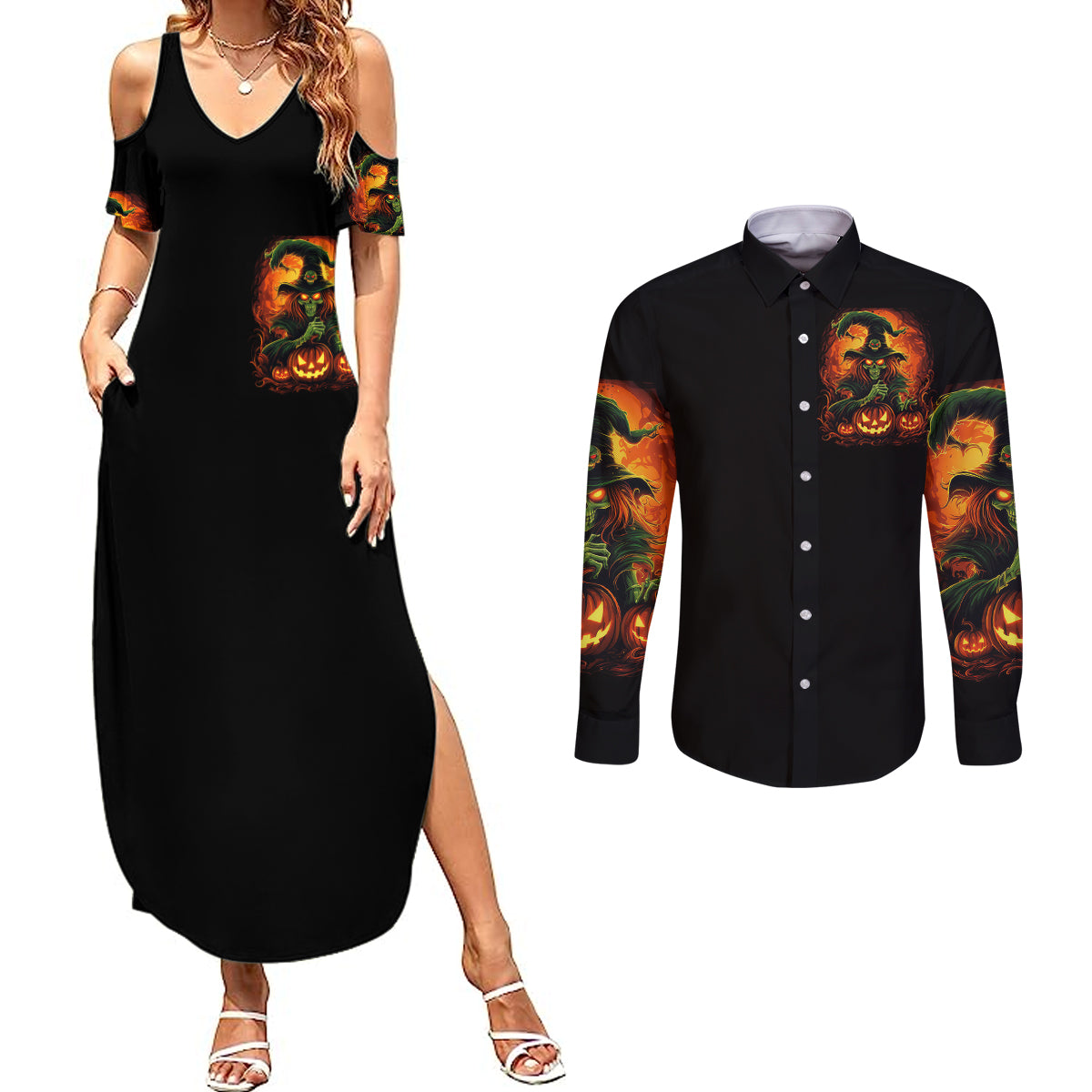 Witch Skull Couples Matching Summer Maxi Dress and Long Sleeve Button Shirts Zero Fucking Given - Wonder Print Shop