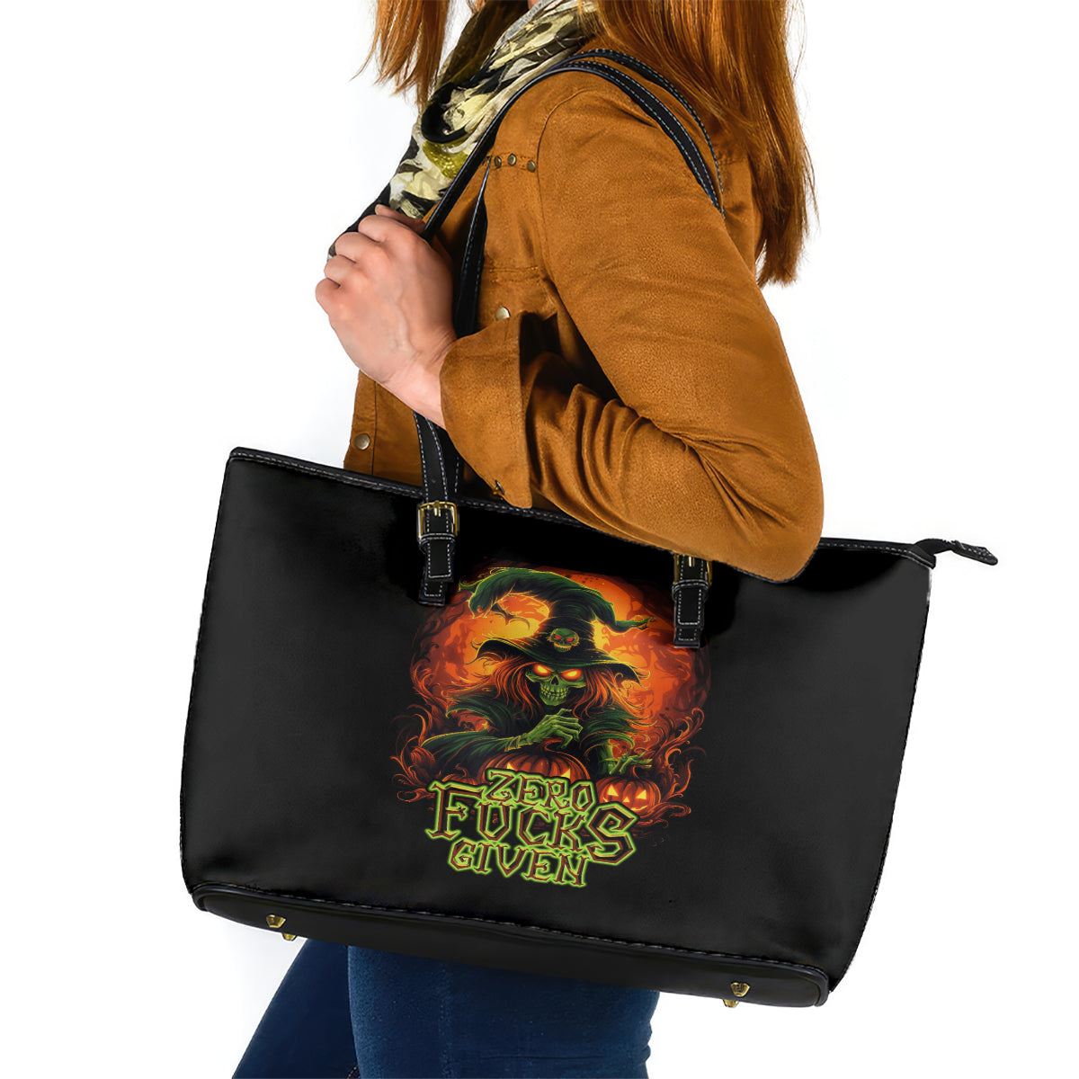 Witch Skull Leather Tote Bag Zero Fucking Given - Wonder Print Shop