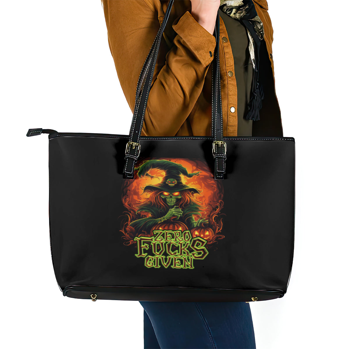 Witch Skull Leather Tote Bag Zero Fucking Given - Wonder Print Shop
