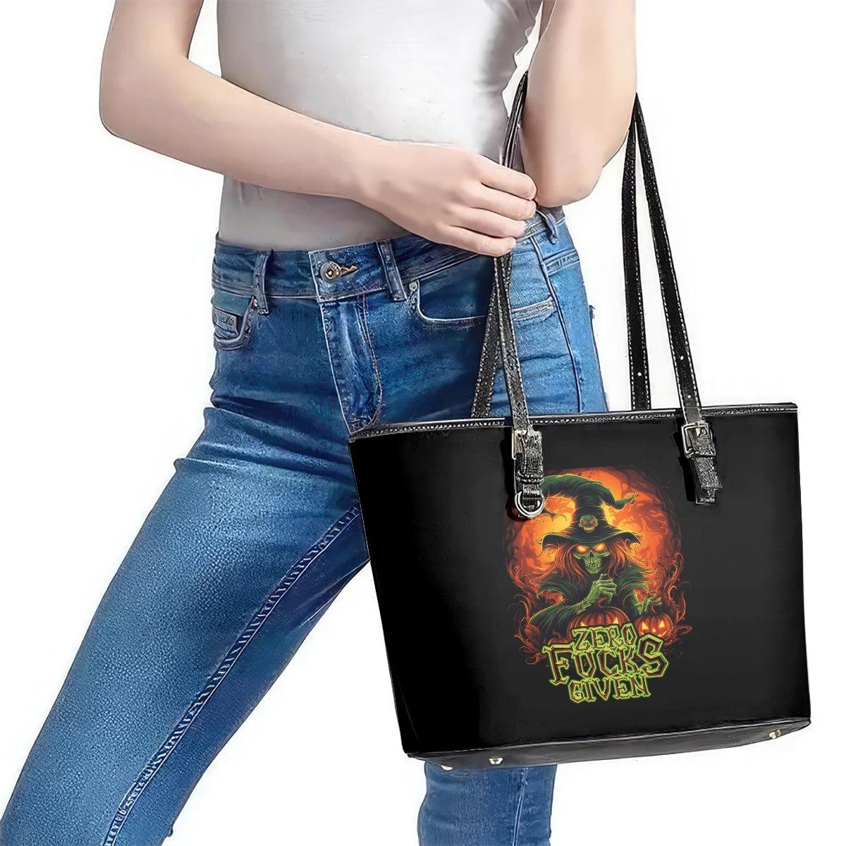 Witch Skull Leather Tote Bag Zero Fucking Given - Wonder Print Shop