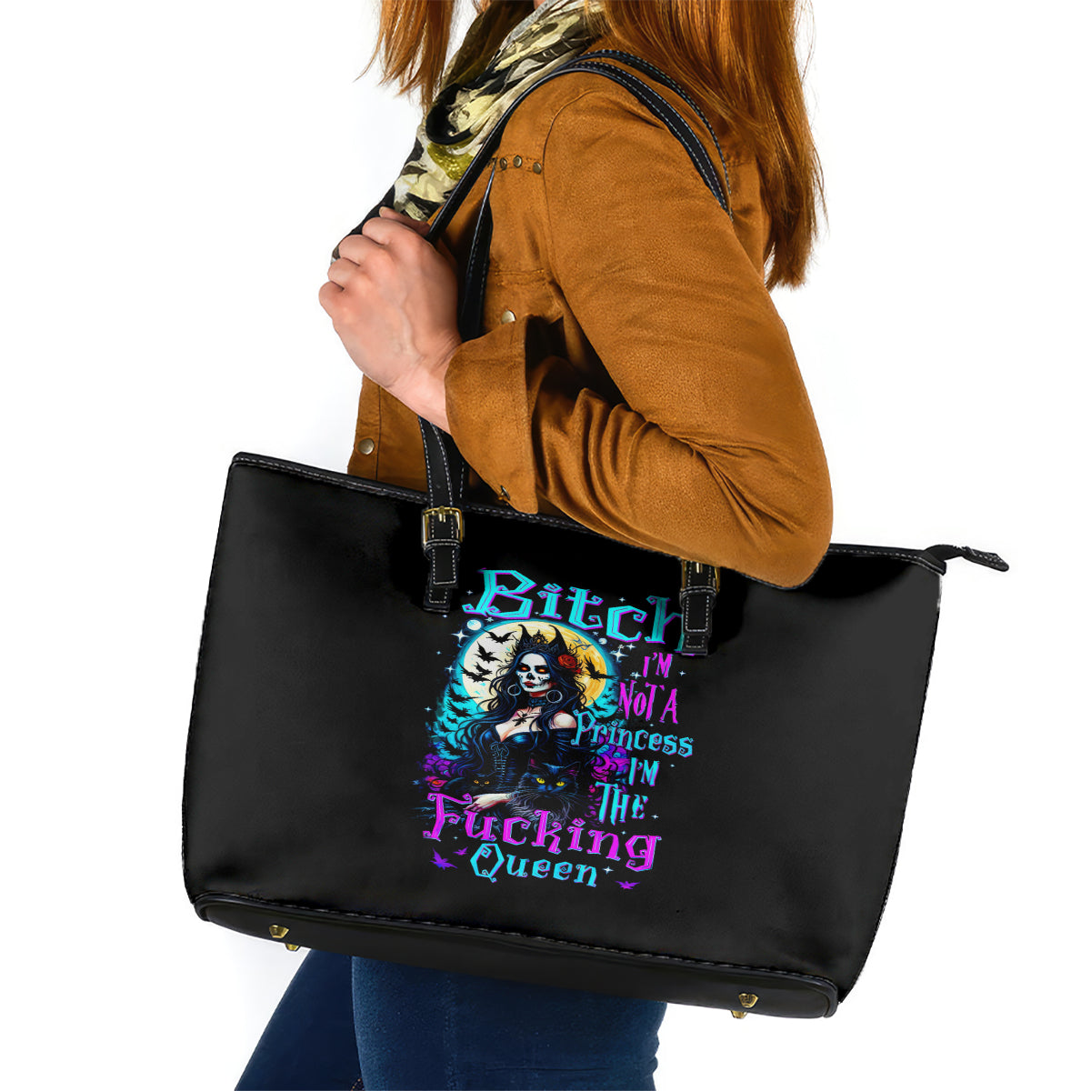 Witch Skull Leather Tote Bag Bitch I'm Not A Princess I'm The Fucking Queen - Wonder Print Shop