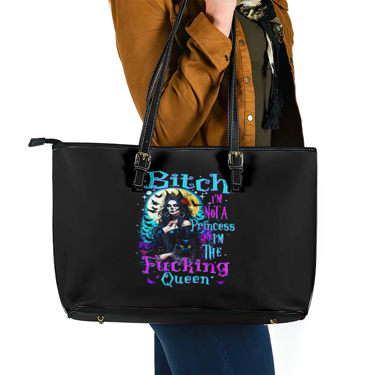 Witch Skull Leather Tote Bag Bitch I'm Not A Princess I'm The Fucking Queen - Wonder Print Shop