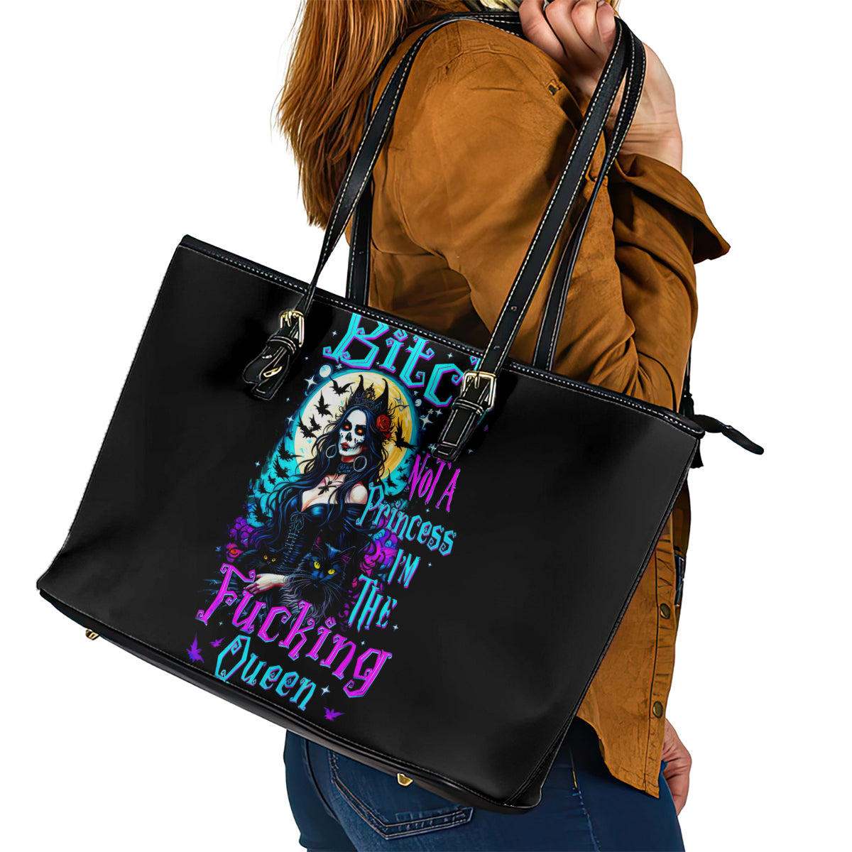 Witch Skull Leather Tote Bag Bitch I'm Not A Princess I'm The Fucking Queen - Wonder Print Shop