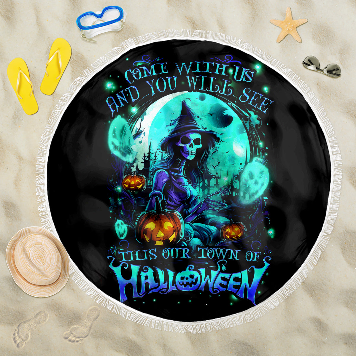 Witch Skull Beach Blanket Come With Us And You Will See Our Halloween - Wonder Print Shop