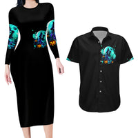 Black long-sleeve bodycon Halloween dress and black Hawaiian shirt, skull graphic, front view