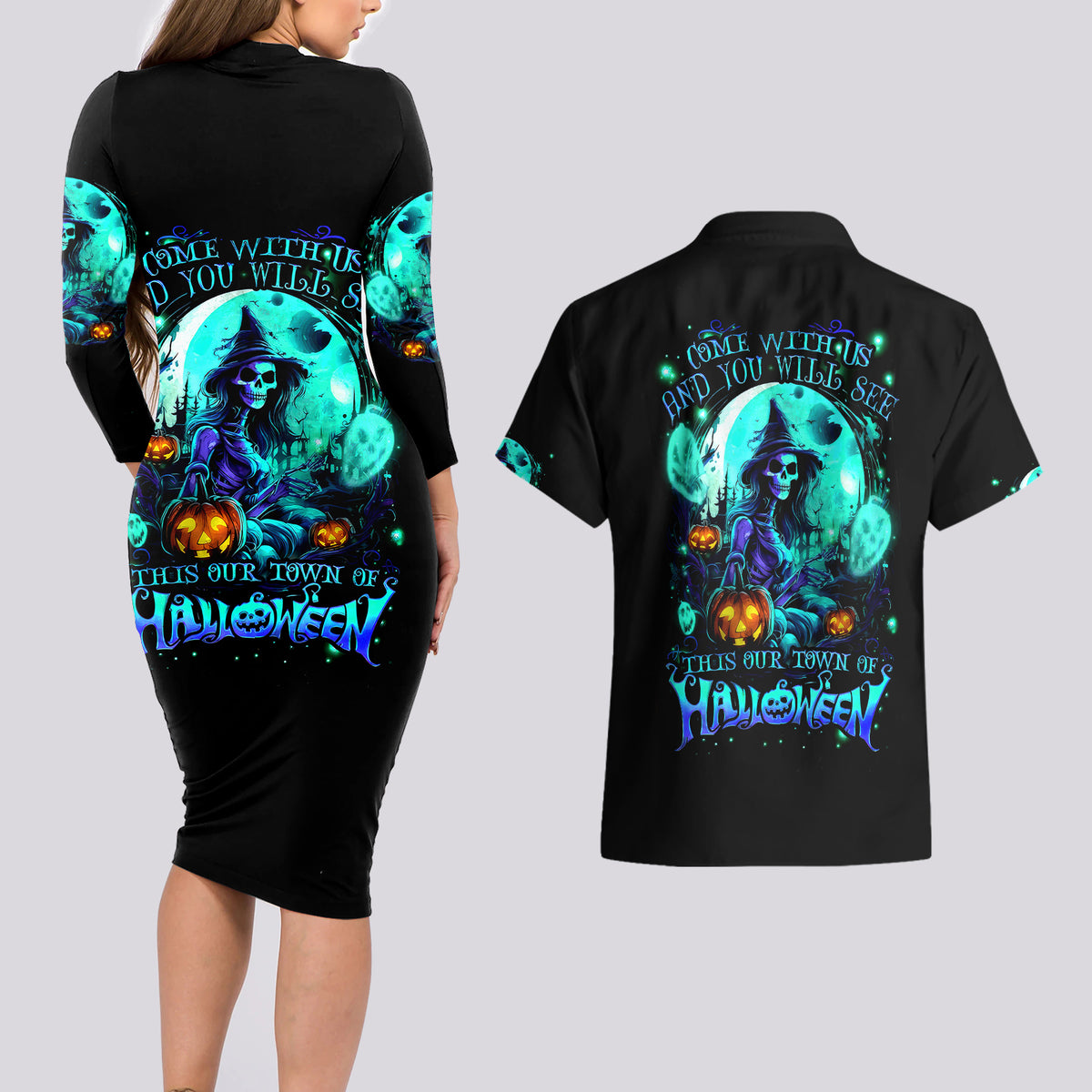 Witch Skull Couples Matching Long Sleeve Bodycon Dress and Hawaiian Shirt Come With Us And You Will See Our Halloween - Wonder Print Shop