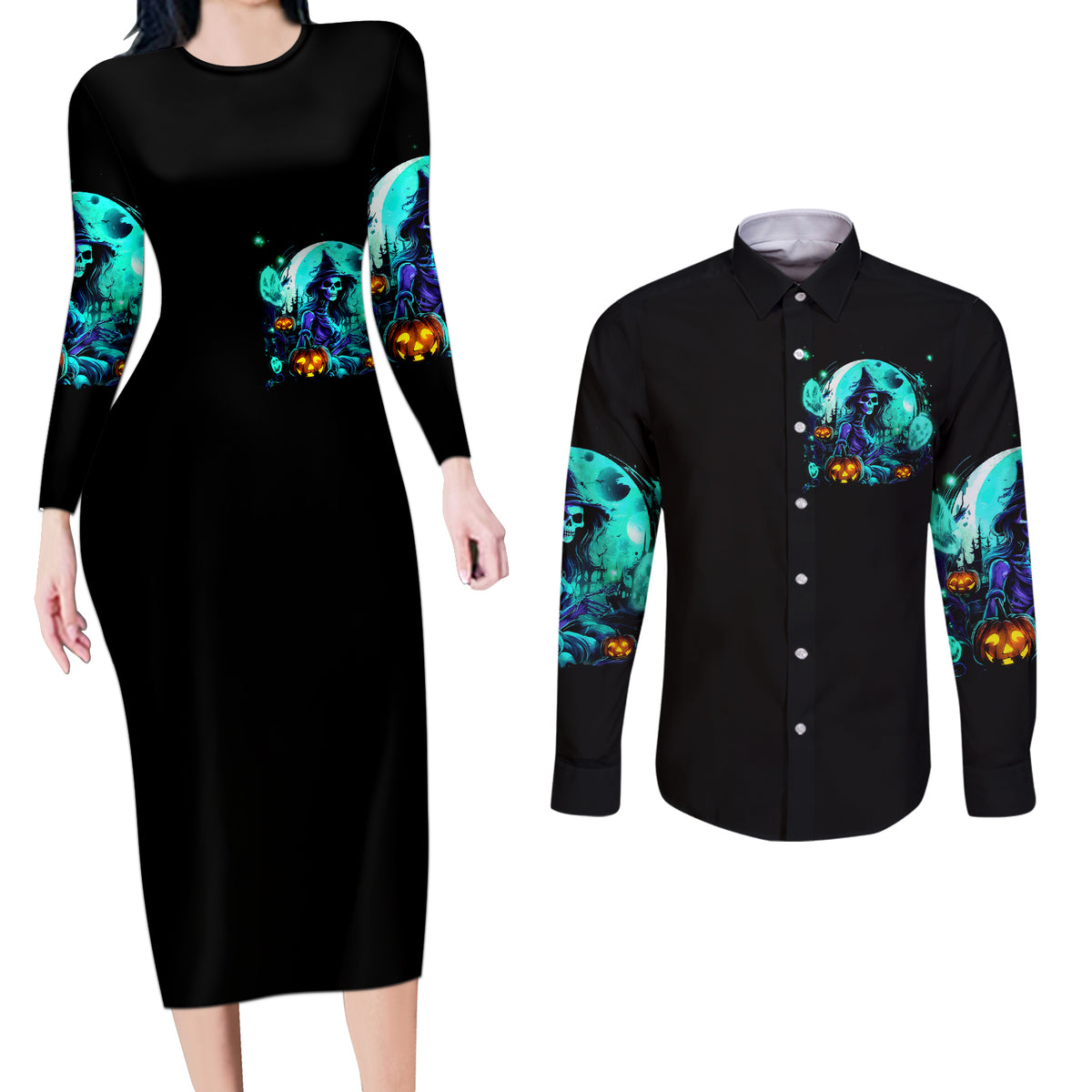 Matching Halloween black bodycon dress and button-up shirt; witch skull graphic on front