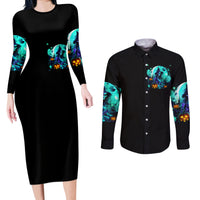 Matching Halloween black bodycon dress and button-up shirt; witch skull graphic on front