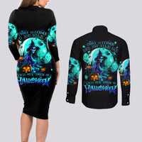 Matching Halloween black bodycon dress and button-up shirt; witch skull graphic on back
