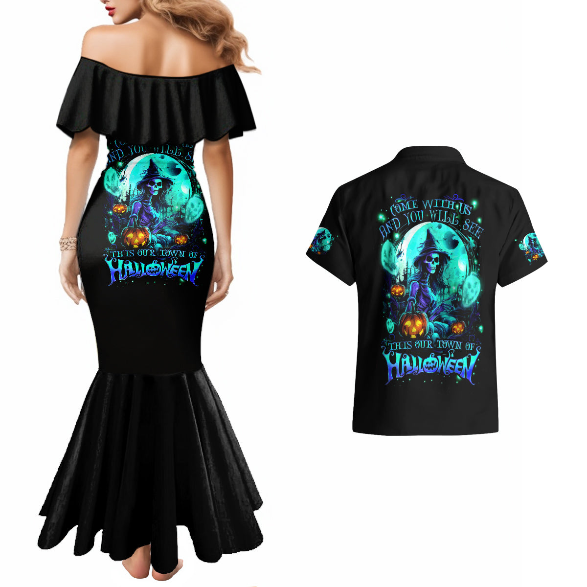 Witch Skull Couples Matching Mermaid Dress and Hawaiian Shirt Come With Us And You Will See Our Halloween - Wonder Print Shop