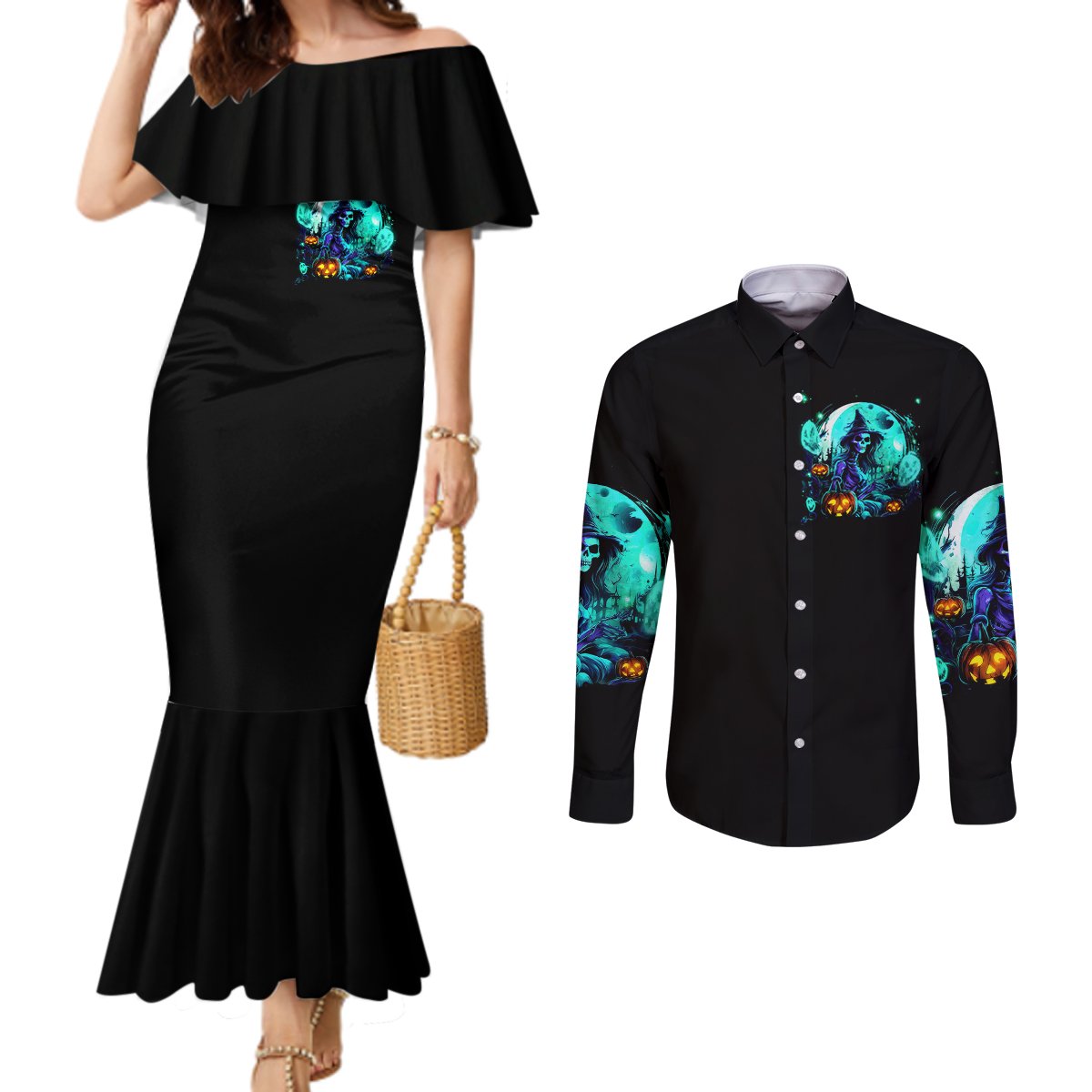 Black mermaid Halloween dress with off-shoulder ruffle and teal skull print; long-sleeve button shirt