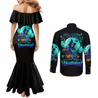 Black mermaid Halloween dress with off-shoulder ruffle and skull print; black button shirt