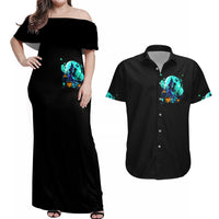 Black off-shoulder maxi dress and Hawaiian shirt set, neon witch skull front prints