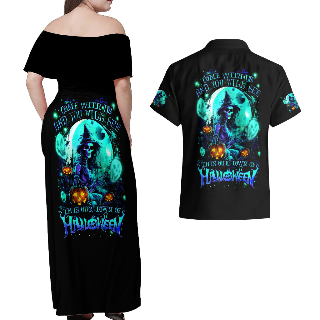 Witch Skull Couples Matching Off Shoulder Maxi Dress and Hawaiian Shirt Come With Us And You Will See Our Halloween - Wonder Print Shop