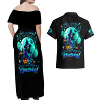 Black off-shoulder maxi dress and Hawaiian shirt set, neon witch skull back graphic
