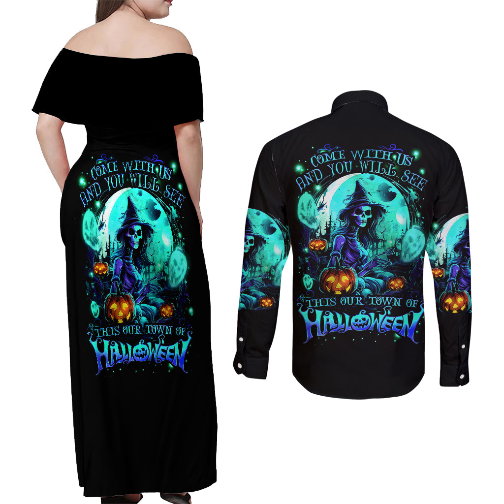 Witch Skull Couples Matching Off Shoulder Maxi Dress and Long Sleeve Button Shirts Come With Us And You Will See Our Halloween - Wonder Print Shop
