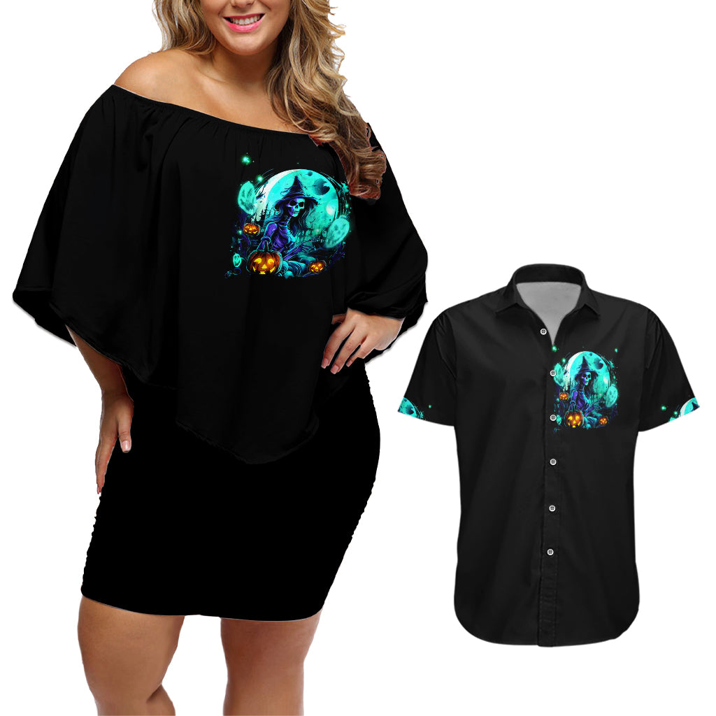 Black off-shoulder short dress and black Hawaiian shirt with teal witch skull graphic