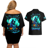 Black off-shoulder short dress and Hawaiian shirt with witch skull print