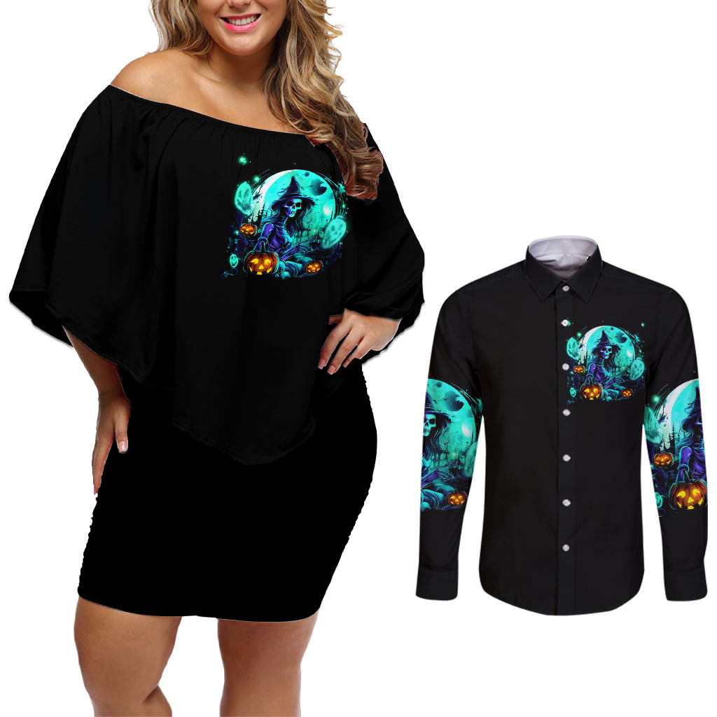 Black off-shoulder short dress and long-sleeve button shirt set with glowing witch skull print