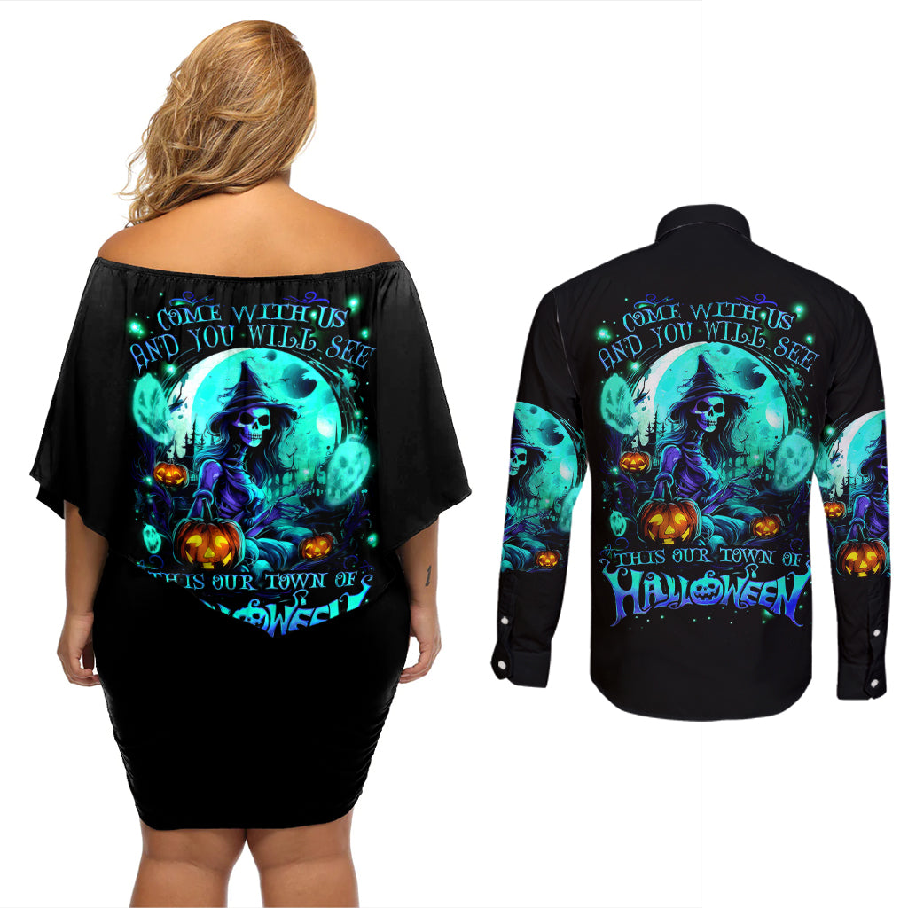 Witch Skull Couples Matching Off Shoulder Short Dress and Long Sleeve Button Shirts Come With Us And You Will See Our Halloween - Wonder Print Shop