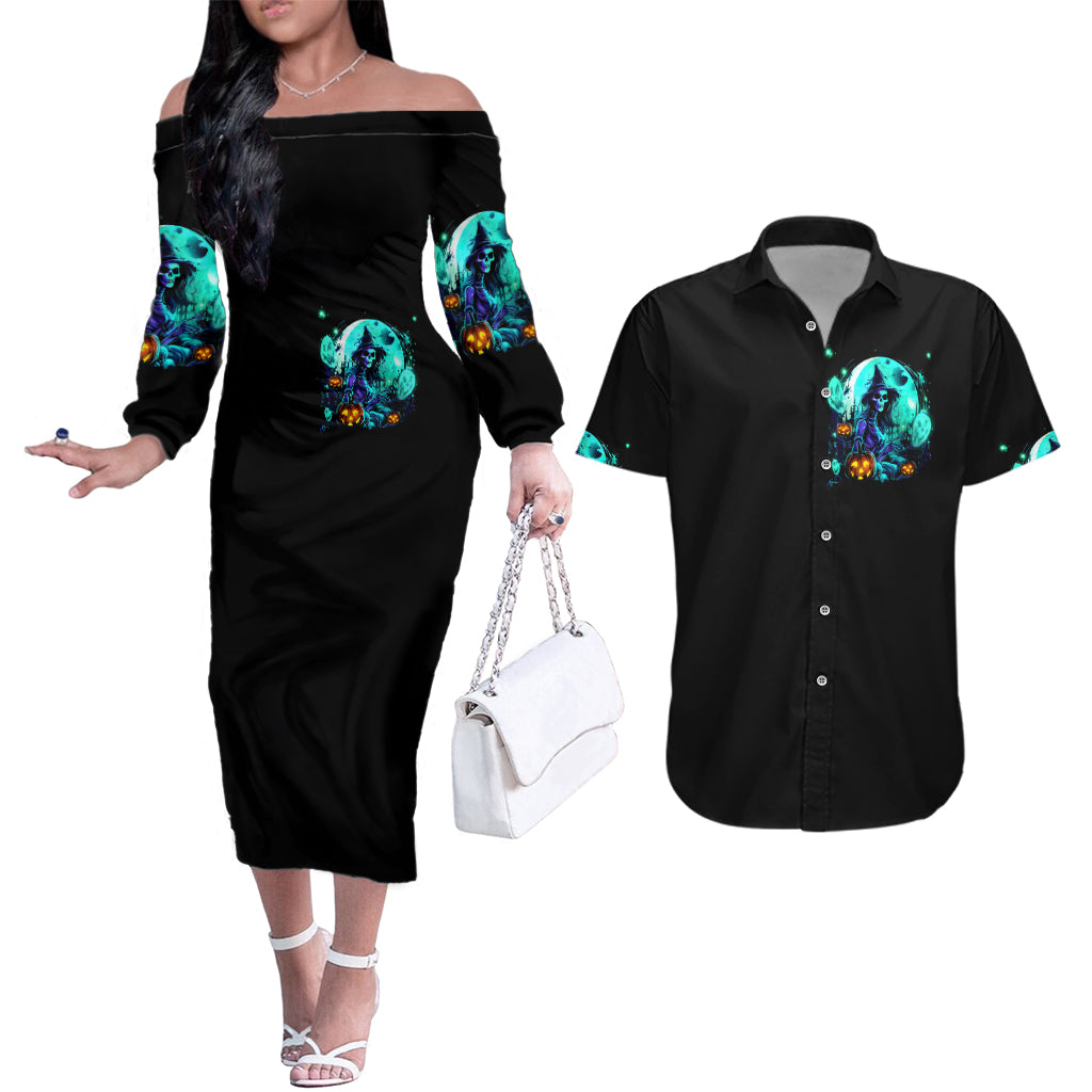 Black short-sleeve button-up shirt with turquoise witch skull chest graphic