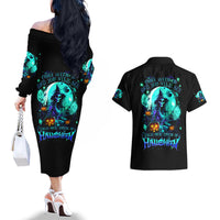 Black off-shoulder long sleeve dress with turquoise witch skull front print