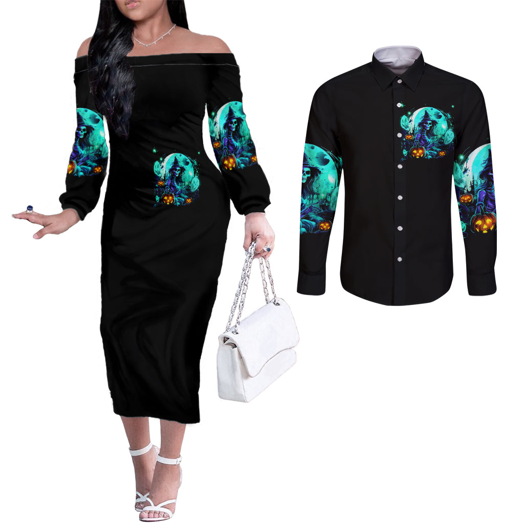 Black off-shoulder long-sleeve midi dress and black button shirt with turquoise skull front print