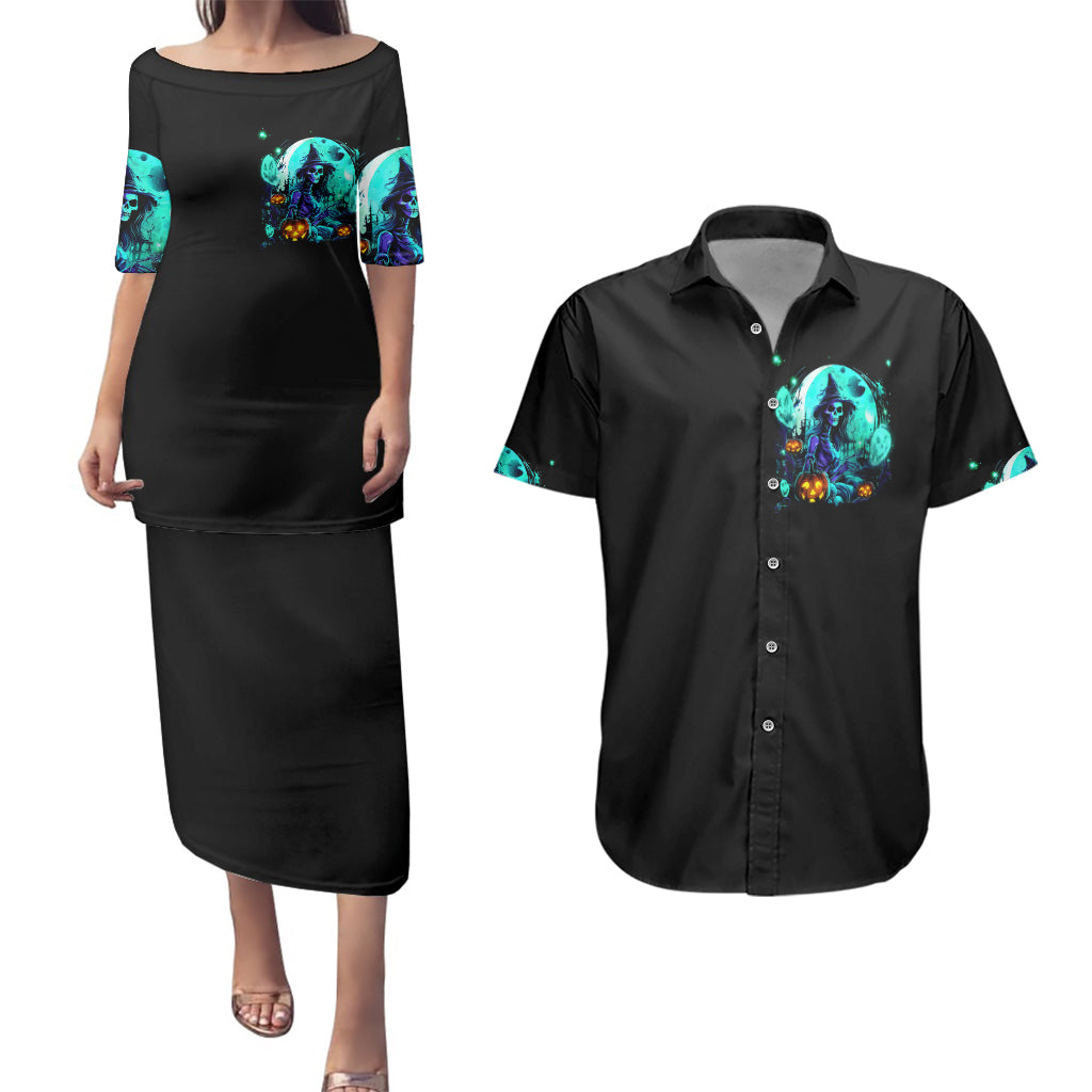 Black off-shoulder Halloween dress and short-sleeve button shirt set, teal skull front print