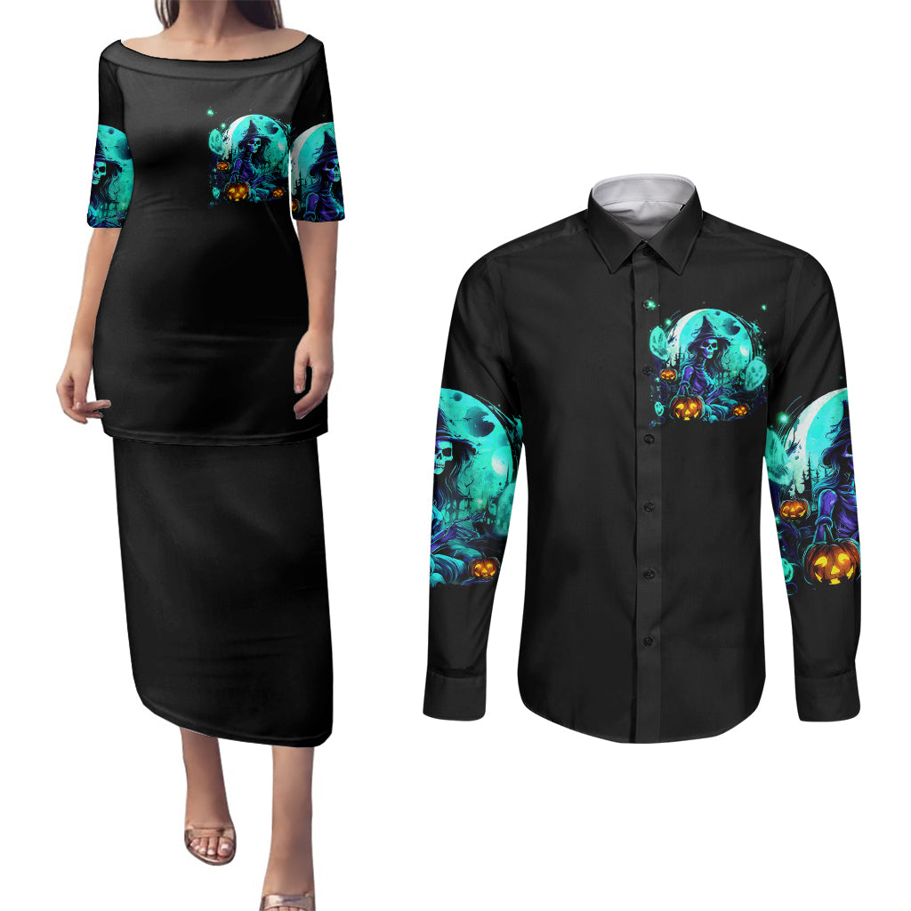 Black off-shoulder dress and long-sleeve button shirt with teal witch skull graphic on front