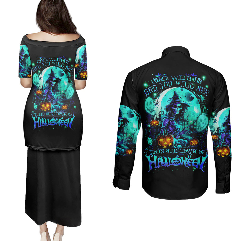 Witch Skull Couples Matching Puletasi Dress and Long Sleeve Button Shirts Come With Us And You Will See Our Halloween - Wonder Print Shop