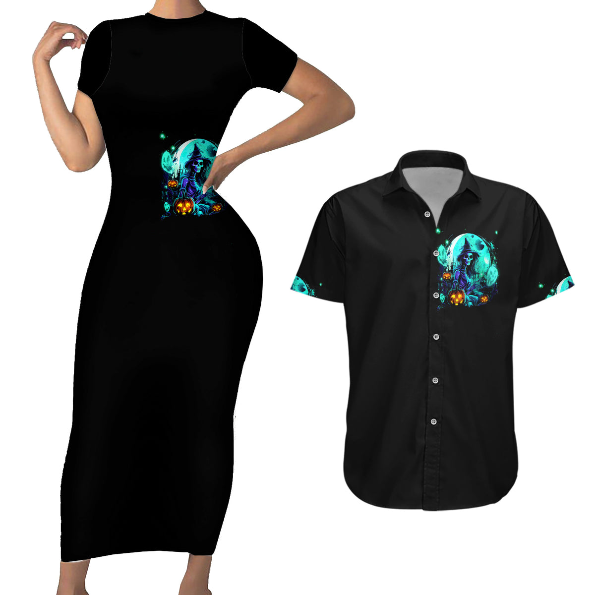 Black Halloween couples bodycon dress and short-sleeve button-up Hawaiian shirt with teal skull