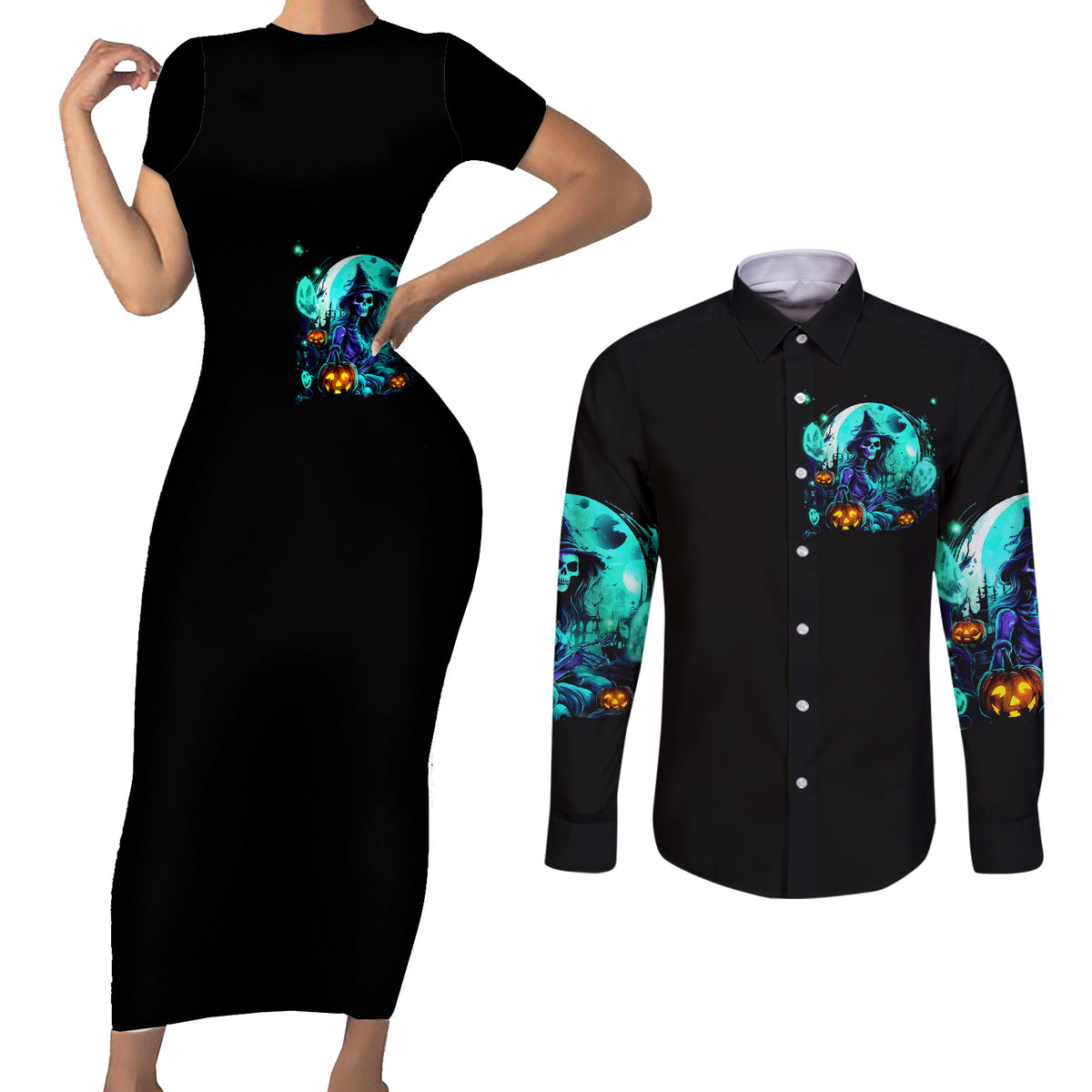 Witch Skull Couples Matching Short Sleeve Bodycon Dress and Long Sleeve Button Shirts Come With Us And You Will See Our Halloween - Wonder Print Shop