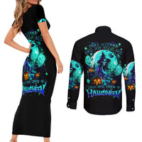 Witch Skull Couples Matching Short Sleeve Bodycon Dress and Long Sleeve Button Shirts Come With Us And You Will See Our Halloween - Wonder Print Shop