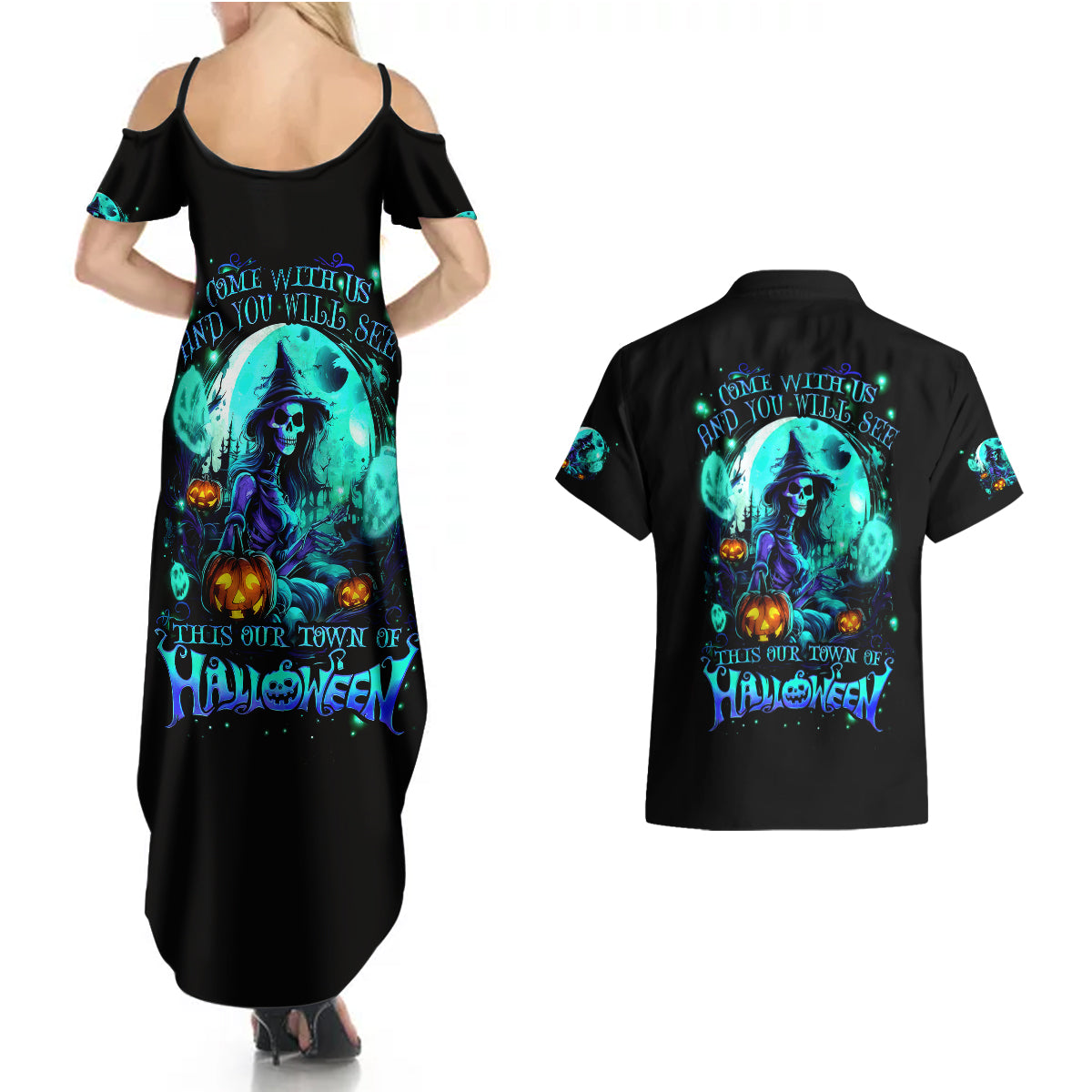 Witch Skull Couples Matching Summer Maxi Dress and Hawaiian Shirt Come With Us And You Will See Our Halloween - Wonder Print Shop