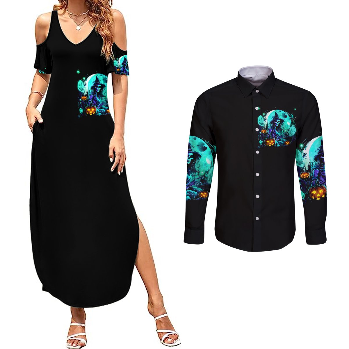 Black maxi dress with teal witch skull graphic, slit hem; long-sleeve button shirt front