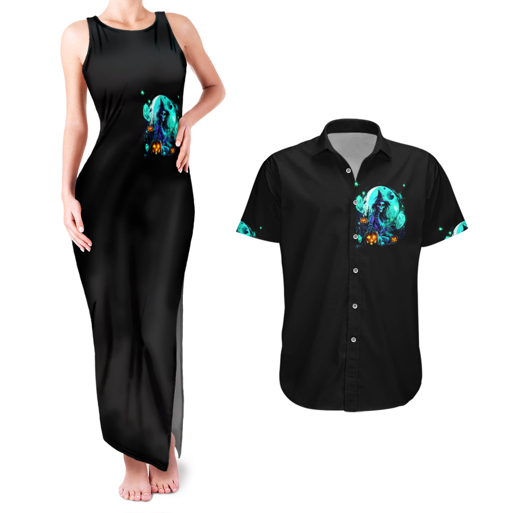 Black tank maxi dress and matching short-sleeve button-up shirt with witch skull print