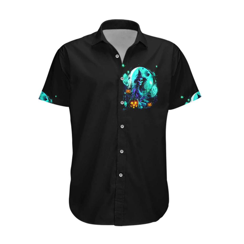 Black Hawaiian shirt, short-sleeve button-up with teal skull witch chest graphic