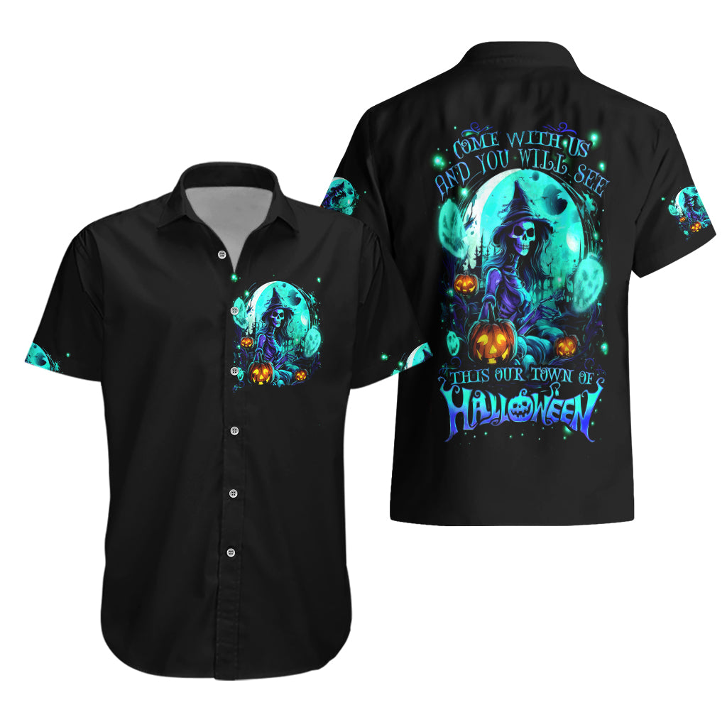 Black Hawaiian shirt, front button-up and back view with teal skull witch Halloween art