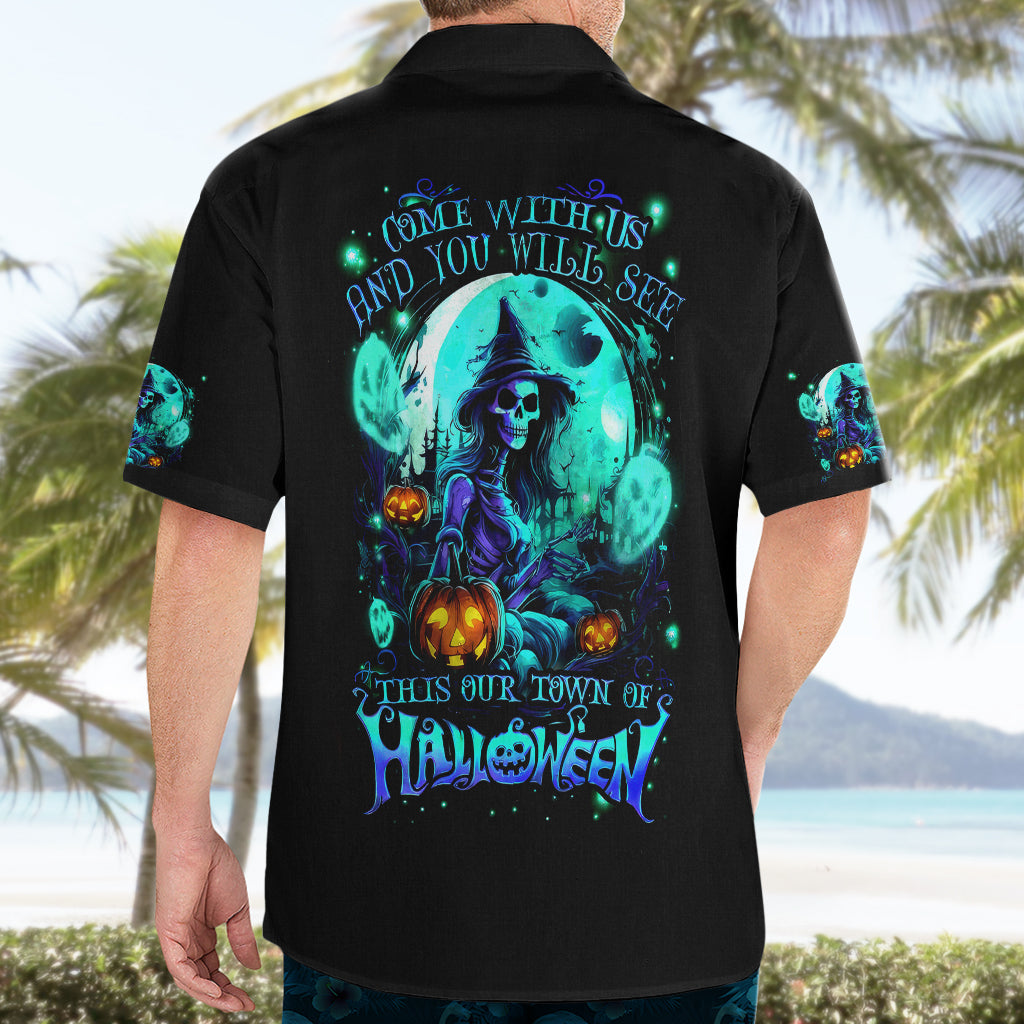 Black Hawaiian shirt, back view with large teal skull witch and Halloween text print