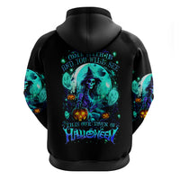 Black pullover hoodie with teal witch skull graphic on the back and full-color sleeve art