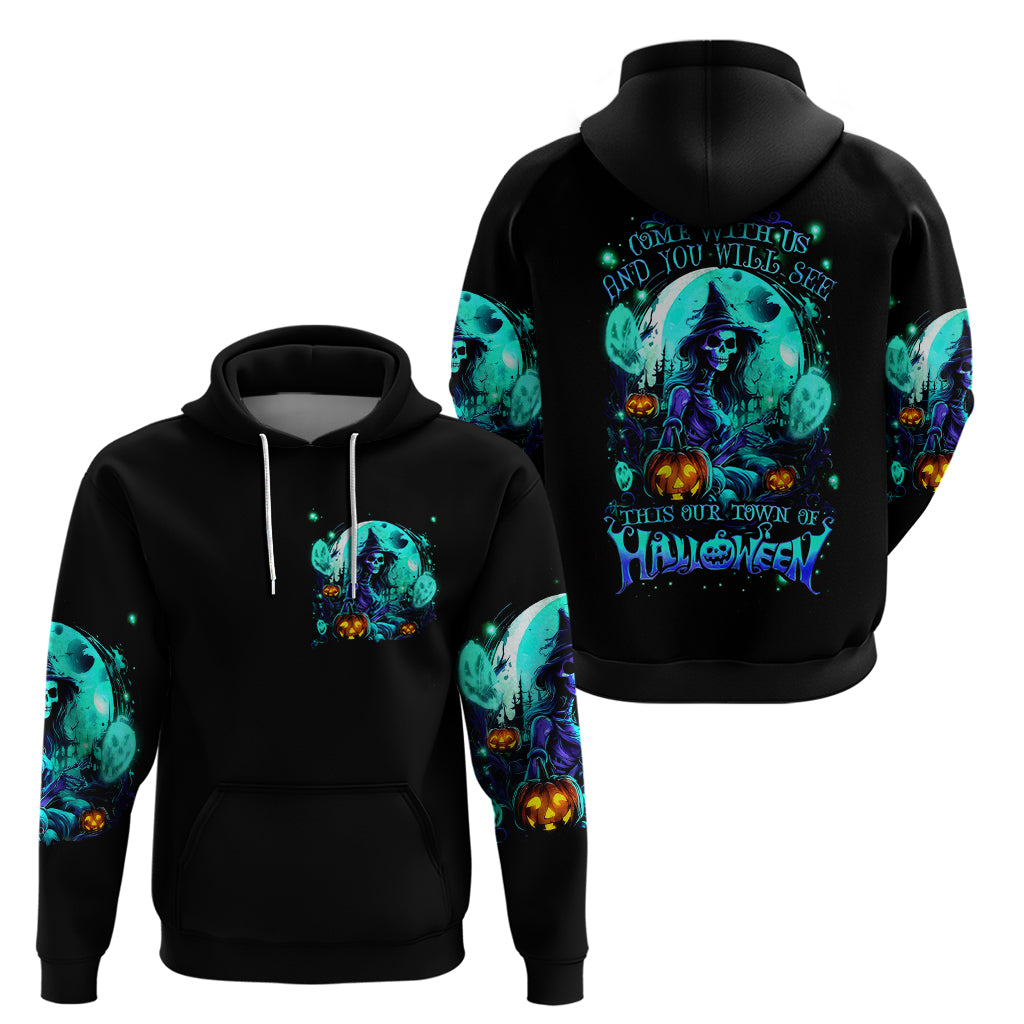 Black pullover hoodie set showing front and back views with teal witch skull artwork