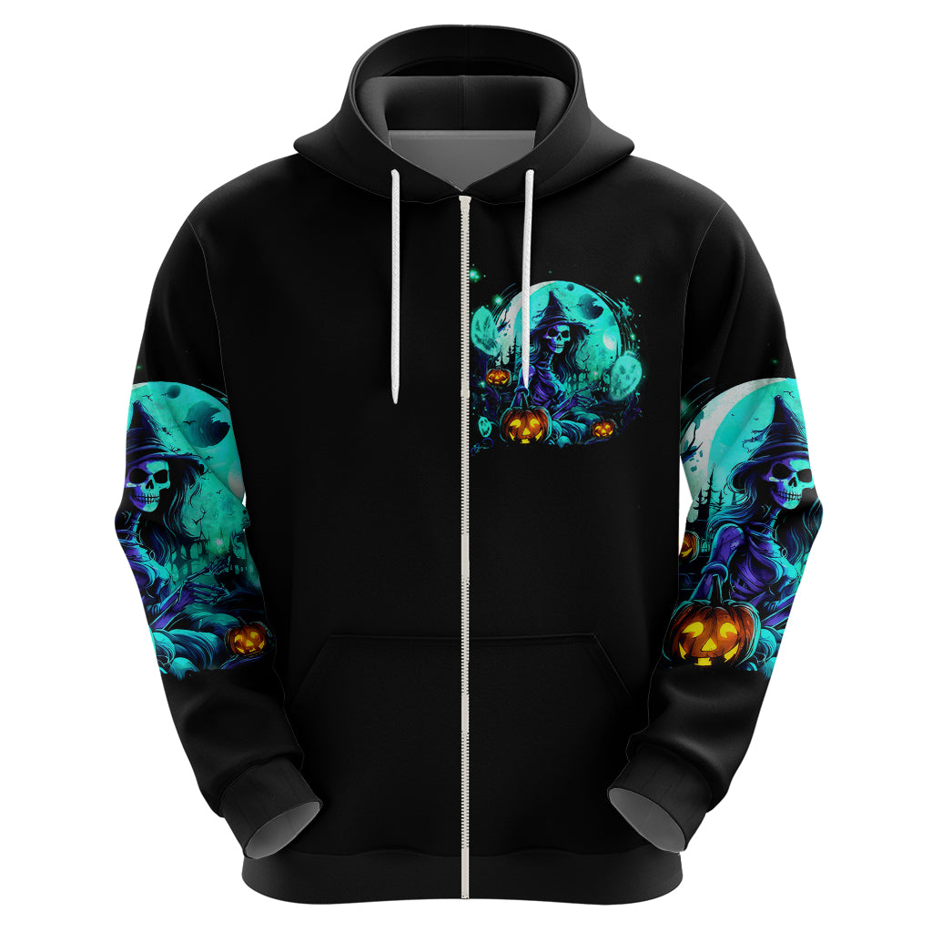 Black zip hoodie with teal witch skull chest graphic, hood, and long sleeve artwork