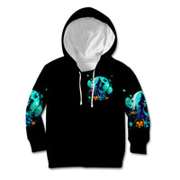 Black hoodie with turquoise skull Halloween print on back and teal sleeve graphics