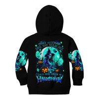 Black hoodie with turquoise skull and Halloween graphic, long sleeves, hood