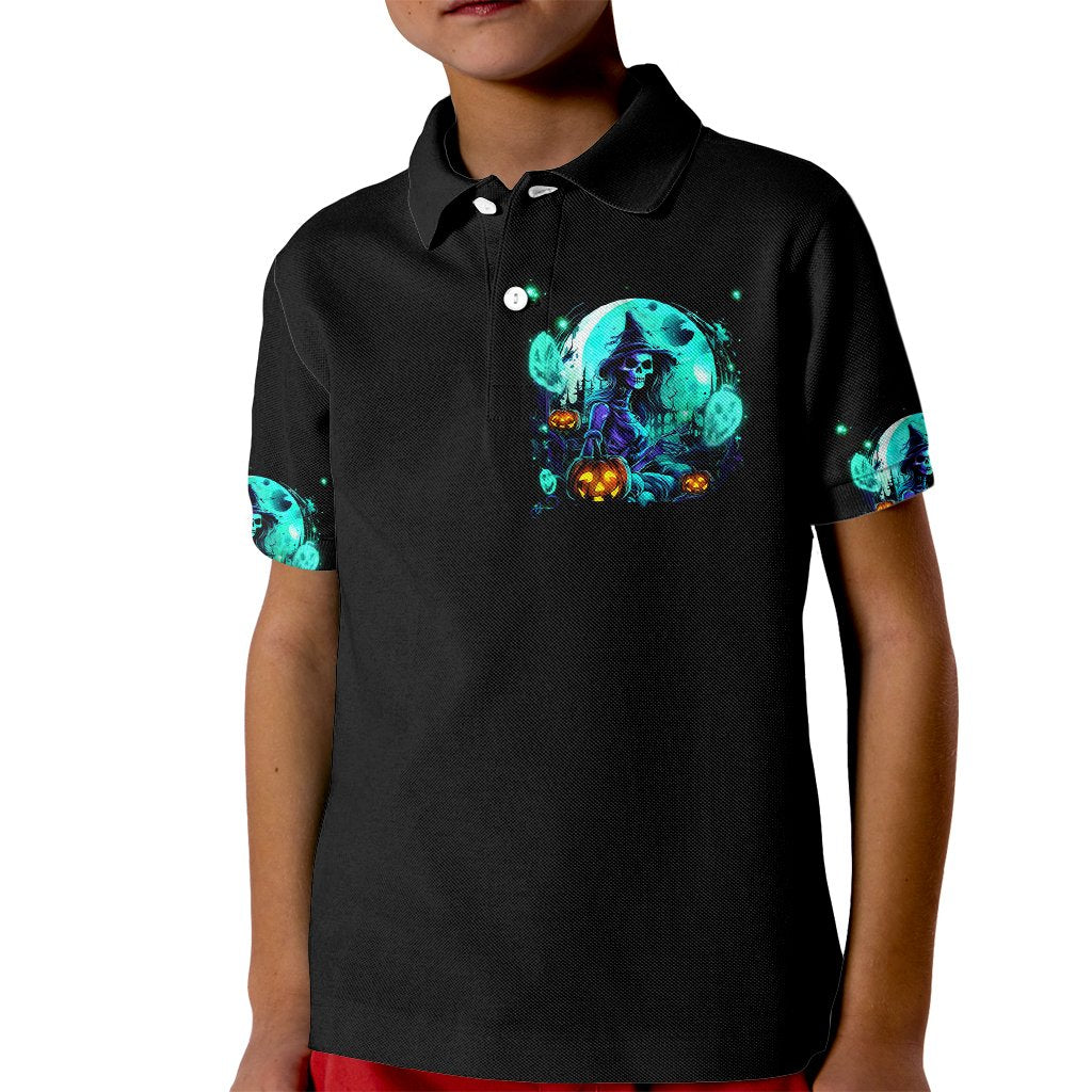 Kids black polo shirt, front graphic of teal witch skull with matching sleeve prints