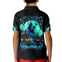 Kids black polo shirt, back graphic of witch skull and teal Halloween text