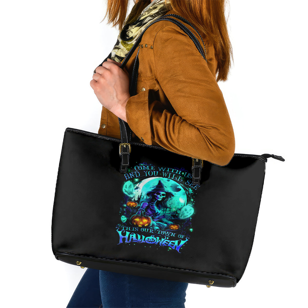 Witch Skull Leather Tote Bag Come With Us And You Will See Our Halloween - Wonder Print Shop