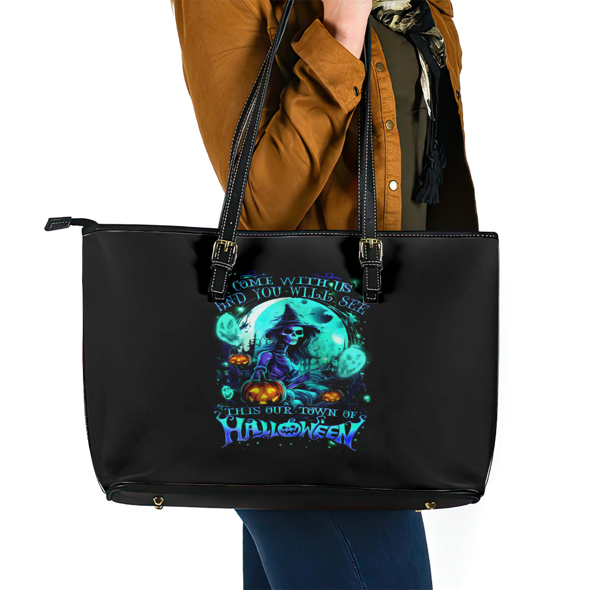 Witch Skull Leather Tote Bag Come With Us And You Will See Our Halloween - Wonder Print Shop